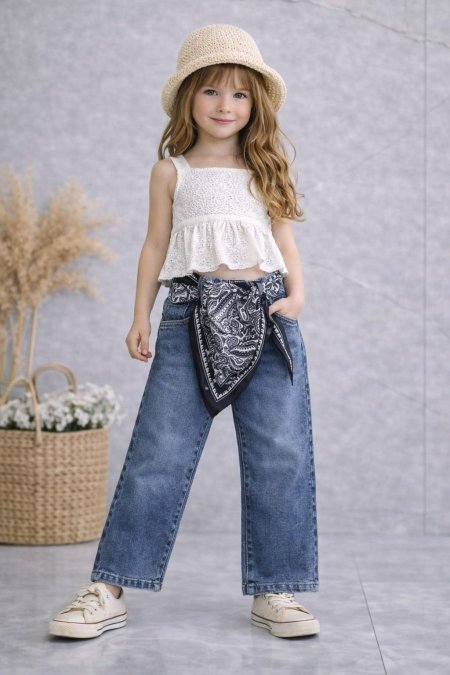 بنطلون جينز ازرق مع وشاح عالخصر