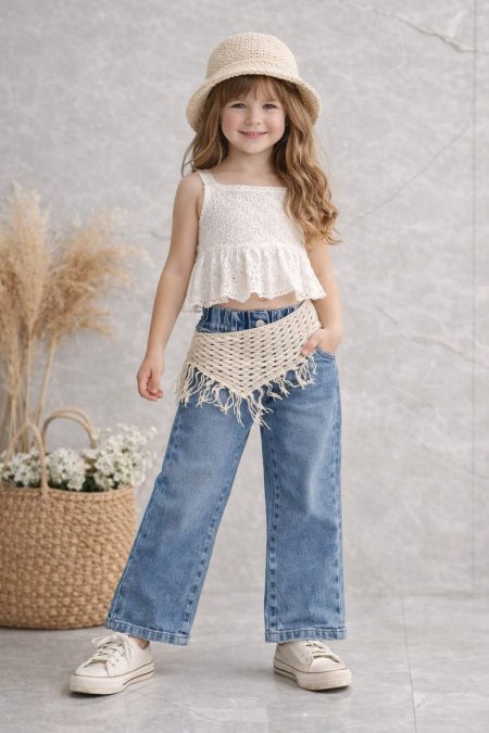 بنطلون جينز فاتح مع شال عالخصر